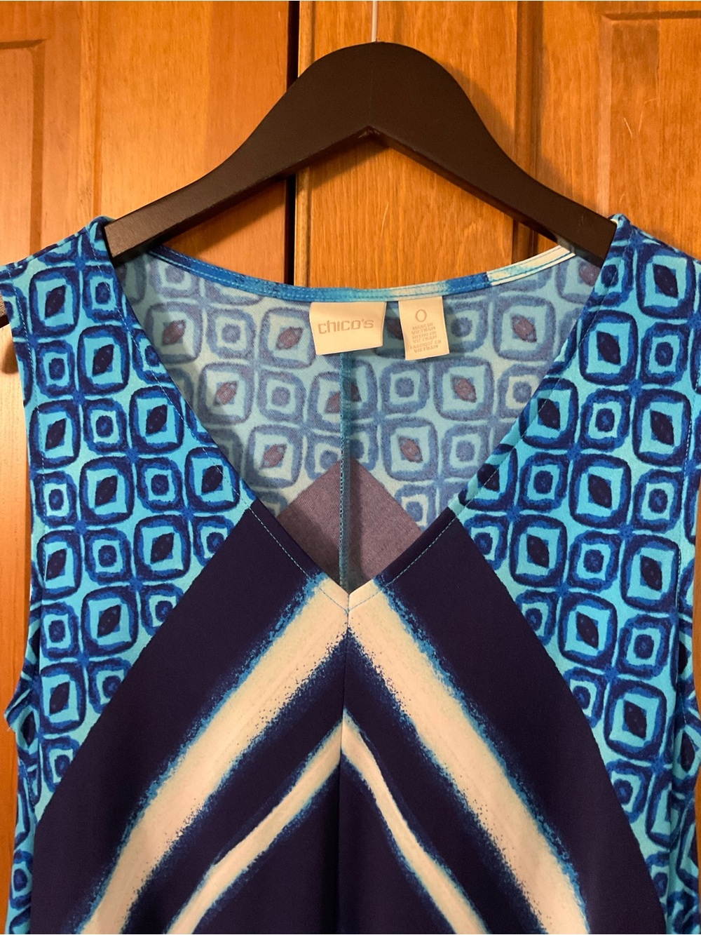 Chico's Blue Multi-Print Asymmetrical Handkerchief Hem Sleeveless Dress. Sz S - Picture 2 of 4
